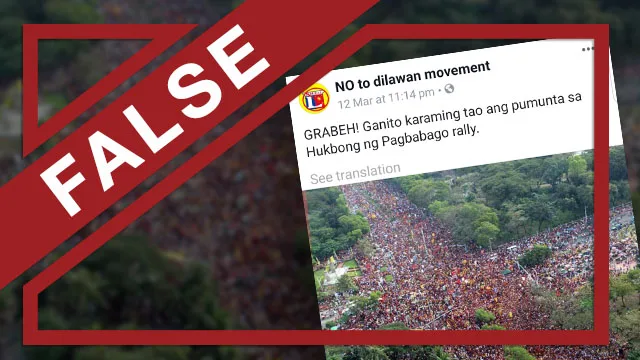 Screenshot of the Facebook page No to Dilawan Movement's post about a supposed Hugpong ng Pagbabago rally drawing a huge number of crowd.