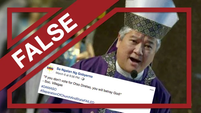 A screenshot of the post that claims the statement of Archbishop Soc Villegas urged people to vote for the opposition slate in the 2019 senatorial elections.