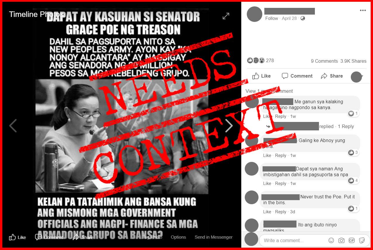 A Facebook post singles out Grace Poe for giving P20M to New People's Army.