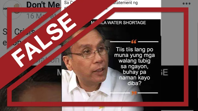 Screenshot of Facebook Page Don't Me's post claiming Mar Roxas urged consumers to endure the current water crisis.